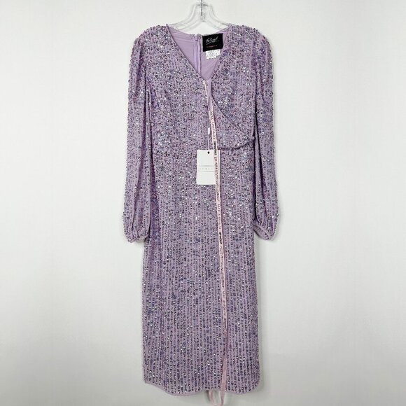 NWT Mac Duggal Purple Sequined Illusion Puff Sleeve V Neck Midi Lavender 10 - Picture 3 of 8